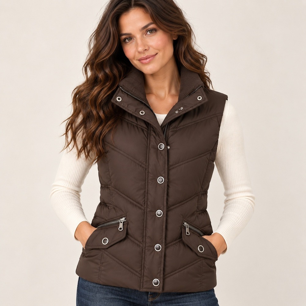 Esprit Brown Puffer Vest Down Feather Fill Chevron Quilted Jacket M Y2K Preppy